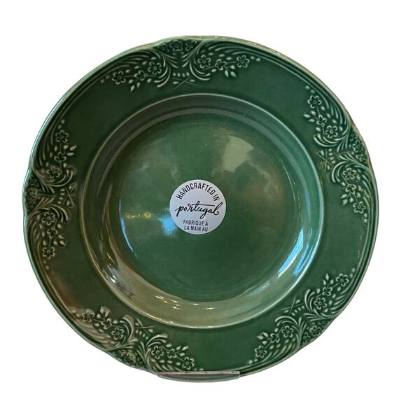 Villa Stoneware Portugal Green Ceramic Bowls 9.5" Floral Border Set of 4 NEW - Picture 9 of 14